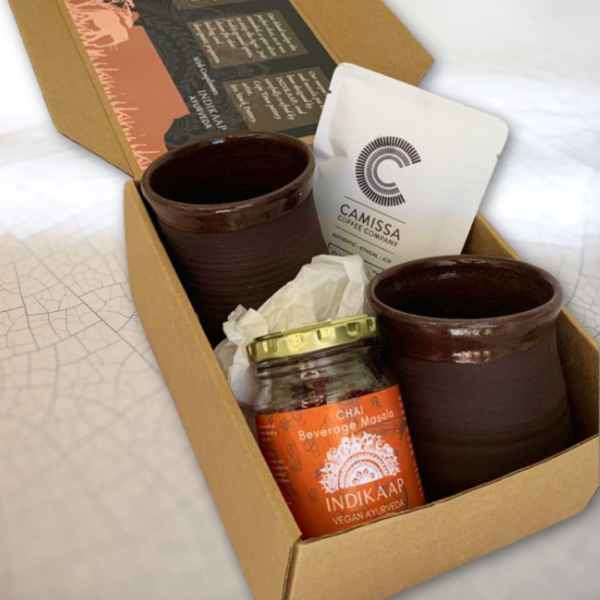 Mother's Day Gift Set - Camissa Coffee sachets, 2 hand thrown clay coffee mugs, 1 bottle of INDIKAAPs Beverage Masala