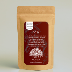 A kraft pouch with a maroon label/ It contains the dry ingredients to make dosa, a savoury crepe.